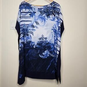 TED BAKER Sheer Blue & White Flowy Scarf Blouse Size Medium